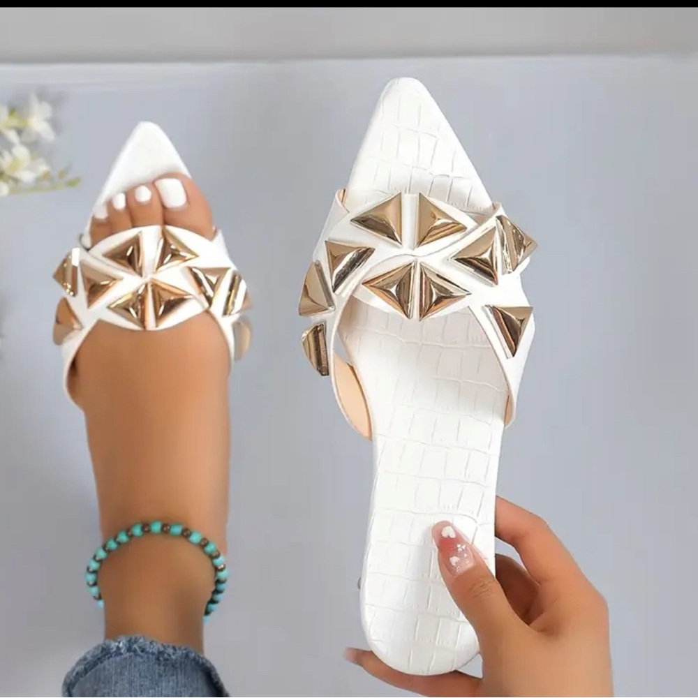 SHEIN White and Gold Mules with Intricate Cut-Out Design